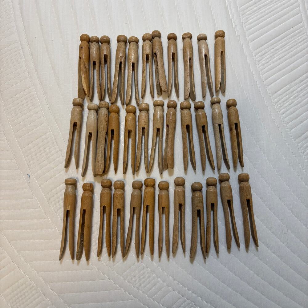 Vintage Wooden Clothespins Lot 35 Round Head Dolly Pegs Primitive Laundry Decor